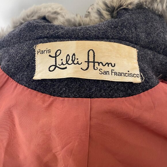 Vintage Lilli Ann Fur Trim Coat Jacket Gray 60s - Picture 4 of 15